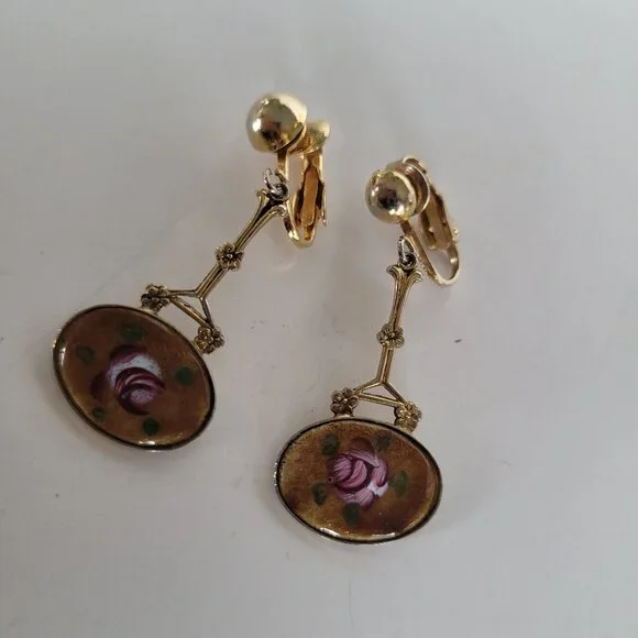 Art Noveau Cloissone Floral Dangle Drop Earrings Gold Tone - Picture 6 of 10